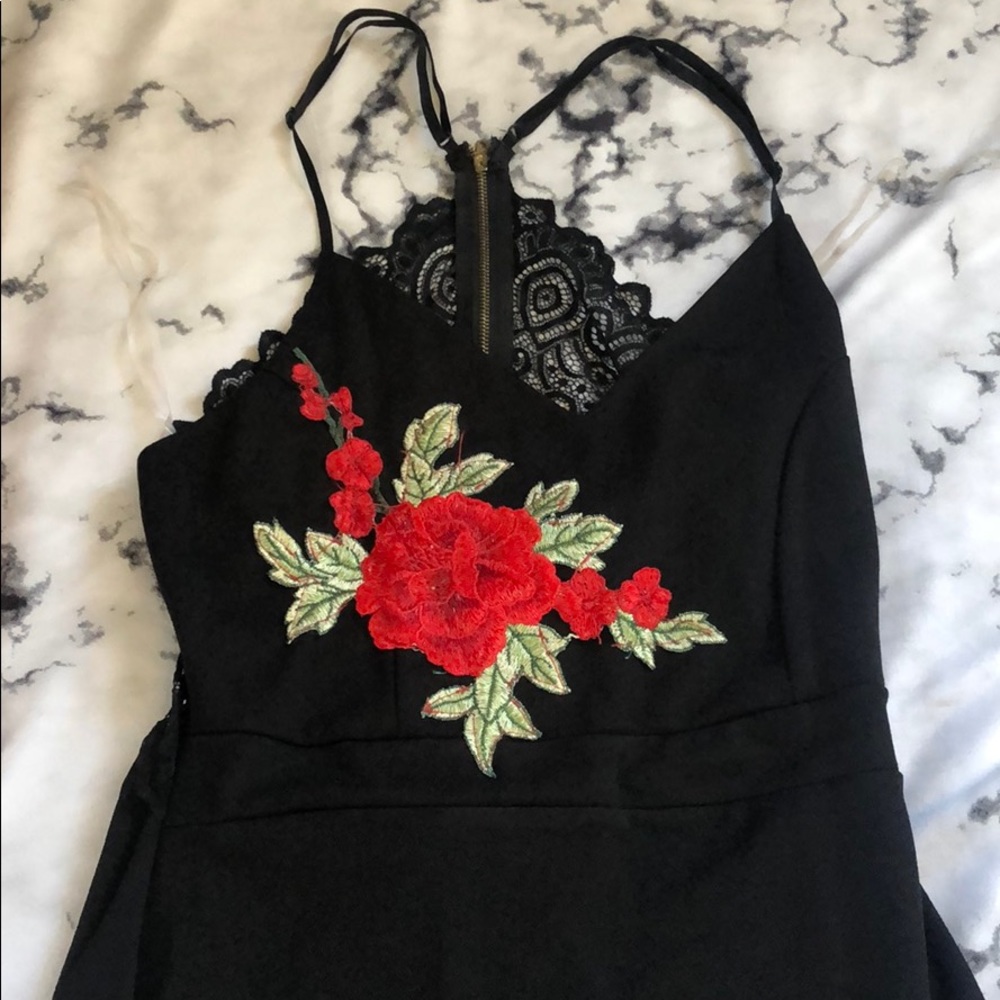 Embroidered Rose Black Dress